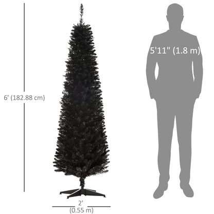 6 Pencil Christmas Tree, Slim Artificial Xmas Tree with Realistic Branches, Sturdy Metal Stand, Black