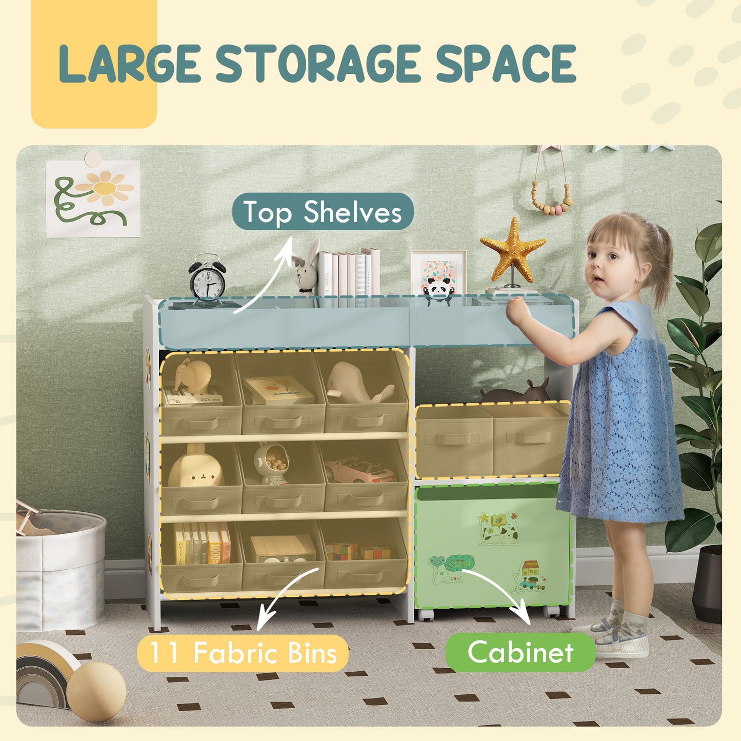 Qaba Toy Storage Organizer with 11 Non-Woven Fabric Boxes, Storage Cabinet & Shelves, for Kids Room, Nursery, Playroom W