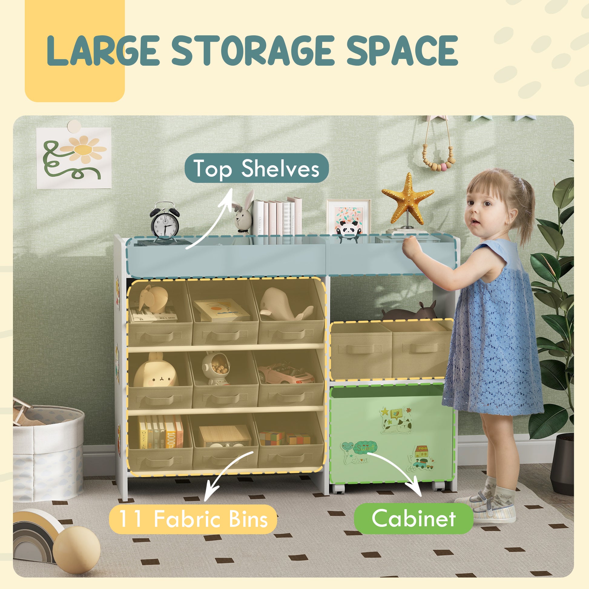 Qaba Toy Storage Organizer with 11 Non-Woven Fabric Boxes, Storage Cabinet & Shelves, for Kids Room, Nursery, Playroom W