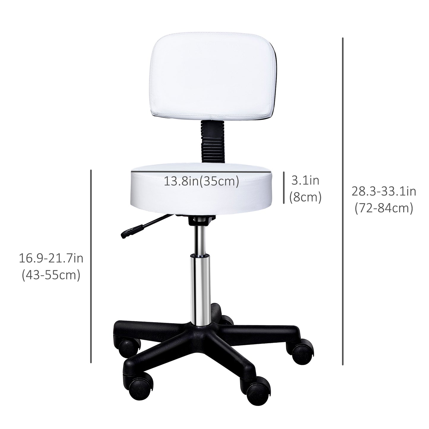 Rolling Stool with Wheels, Swivel Stool with Back Support, Adjustable Height, PU Leather Drafting Chair for Home Office,