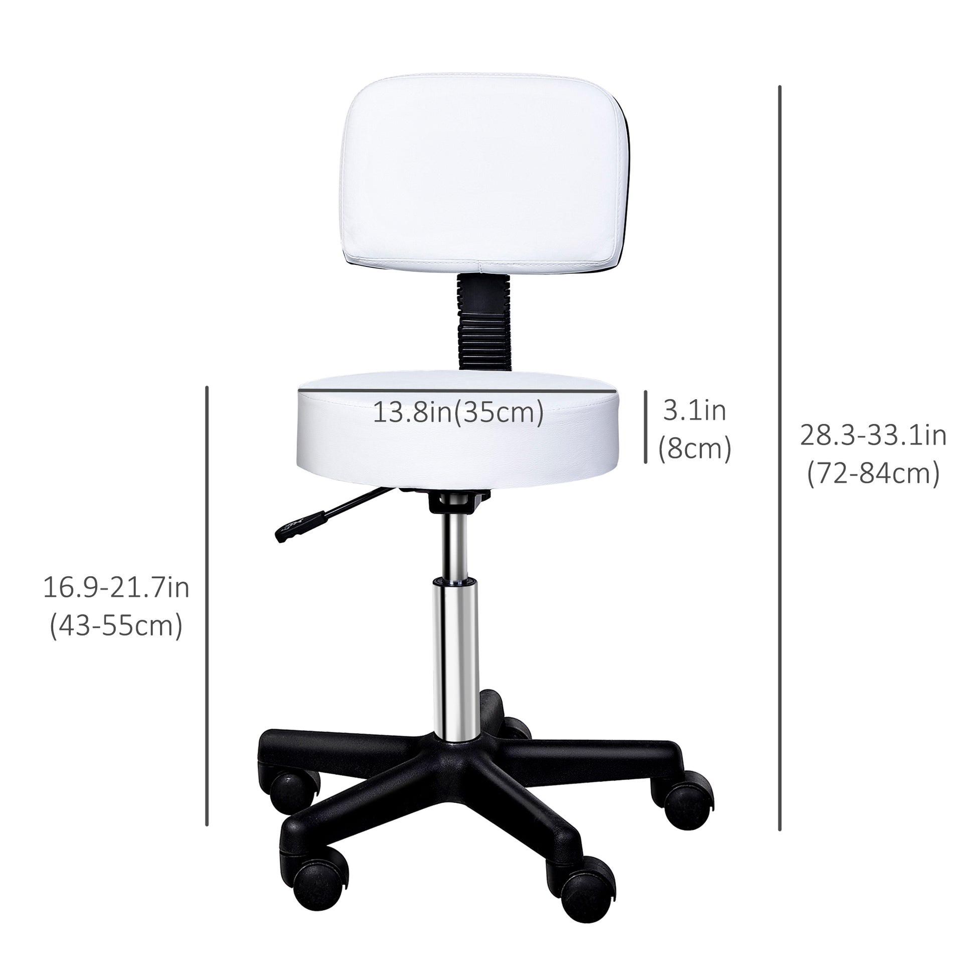 Rolling Stool with Wheels, Swivel Stool with Back Support, Adjustable Height, PU Leather Drafting Chair for Home Office,