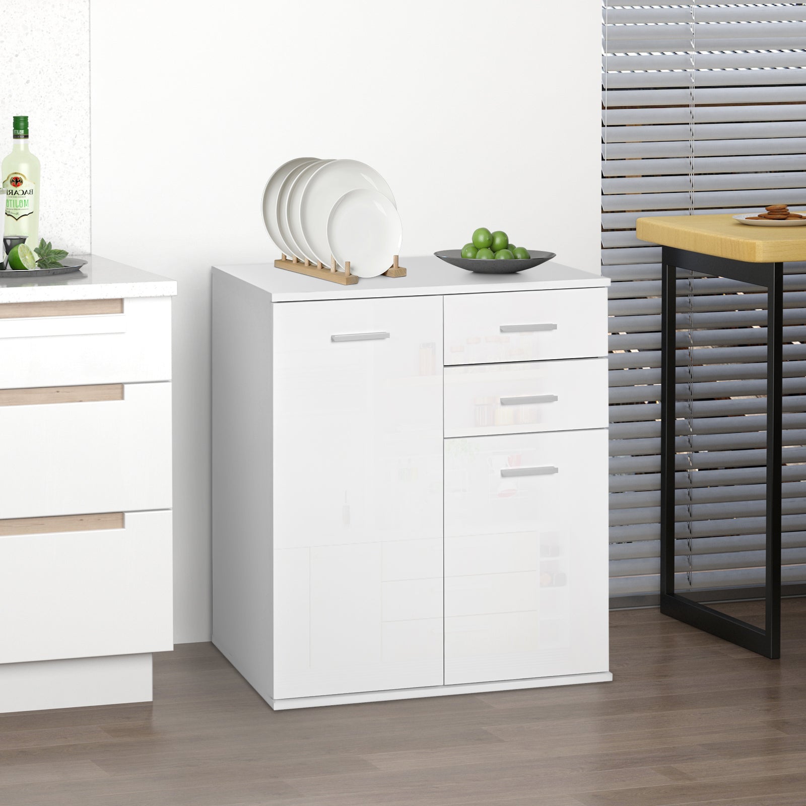 High Gloss Sideboard with 2 Drawers and 2 Doors, Buffet Cabinet with Adjustable Shelf, Coffee Bar Cabinet with Storage, 