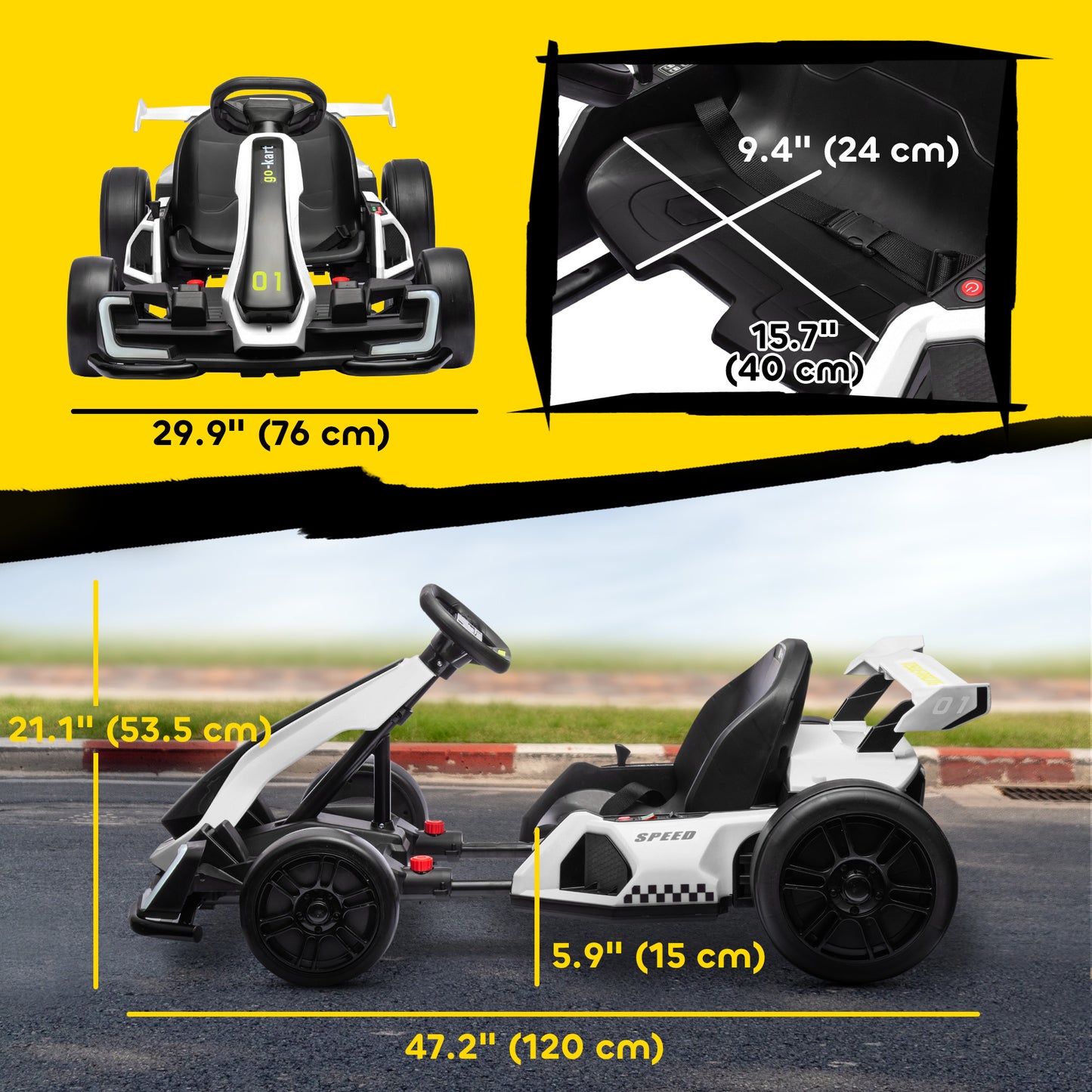 VarietyKart 24V Electric Go Kart, Battery Powered Kids Drift Kart with Adjustable Seat, Seat Belt, Horn, Music, Light, W