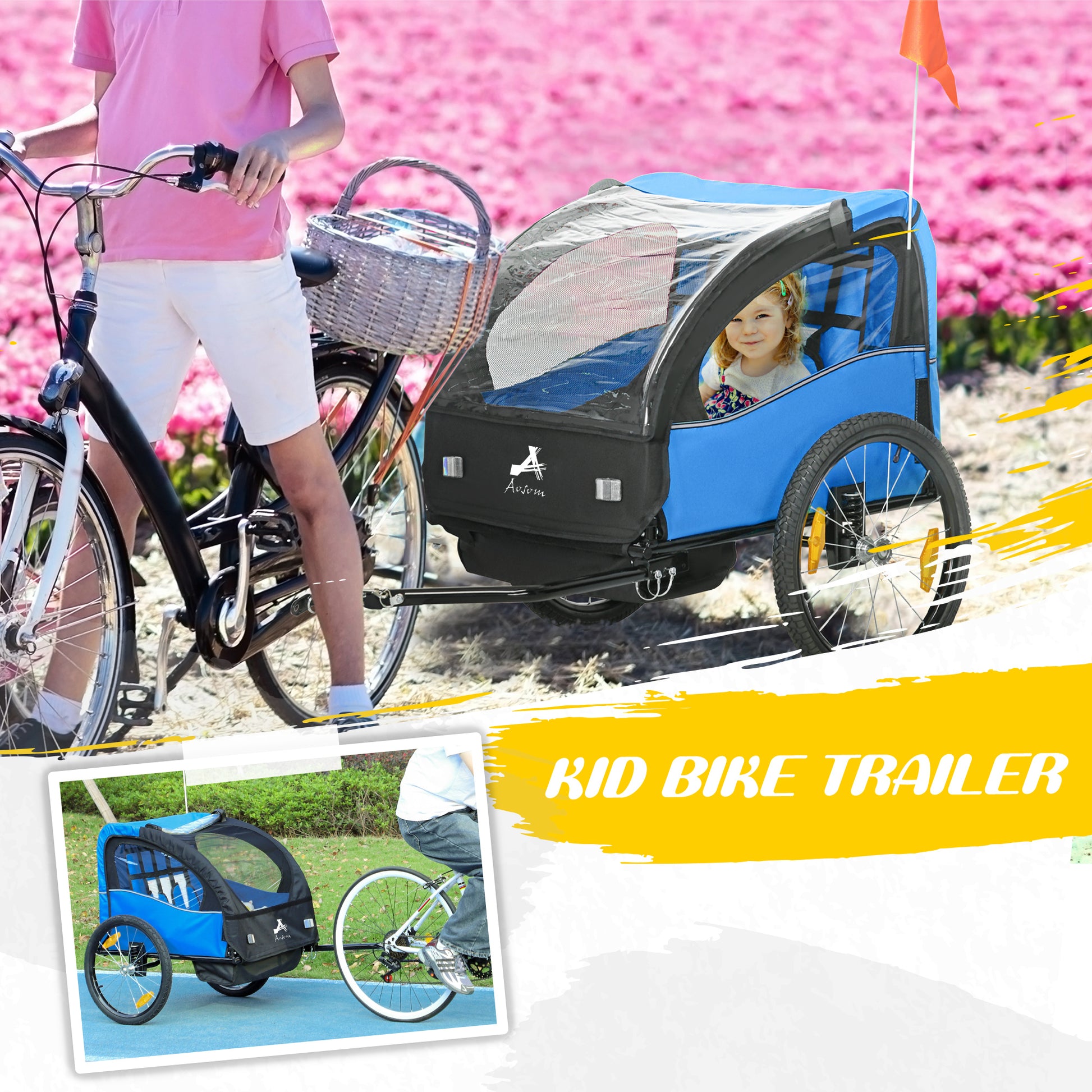 VarietyKart 2 Seat Bike Trailer for Kids, Baby Stroller with Storage Bag, 5 Point Harness, Bicycle Trailer with 20" Whee