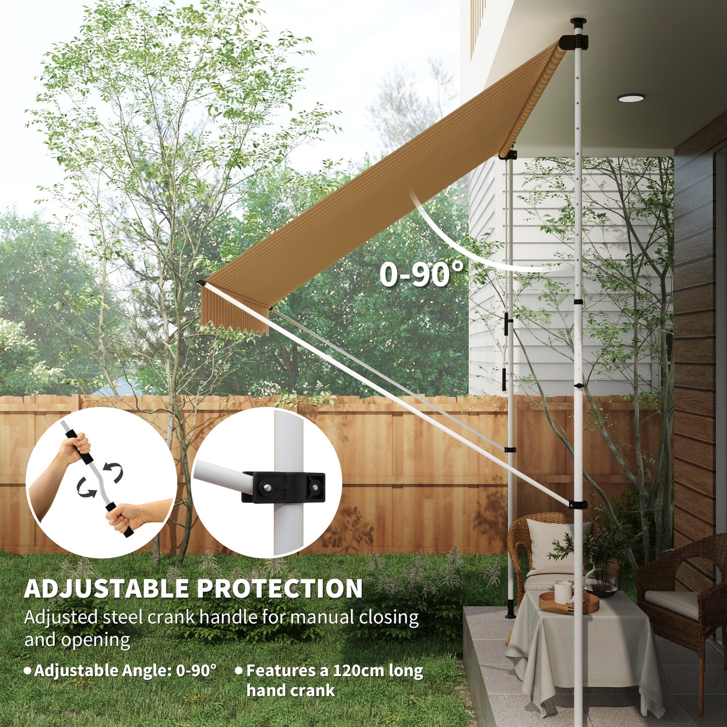 10x5ft Manual Retractable Awning, Patio Sun Shade Canopy Shelter with 5.6-9.2ft Support Pole, Water Resistant UV Protect
