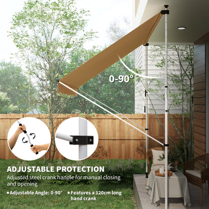 10x5ft Manual Retractable Awning, Patio Sun Shade Canopy Shelter with 5.6-9.2ft Support Pole, Water Resistant UV Protect