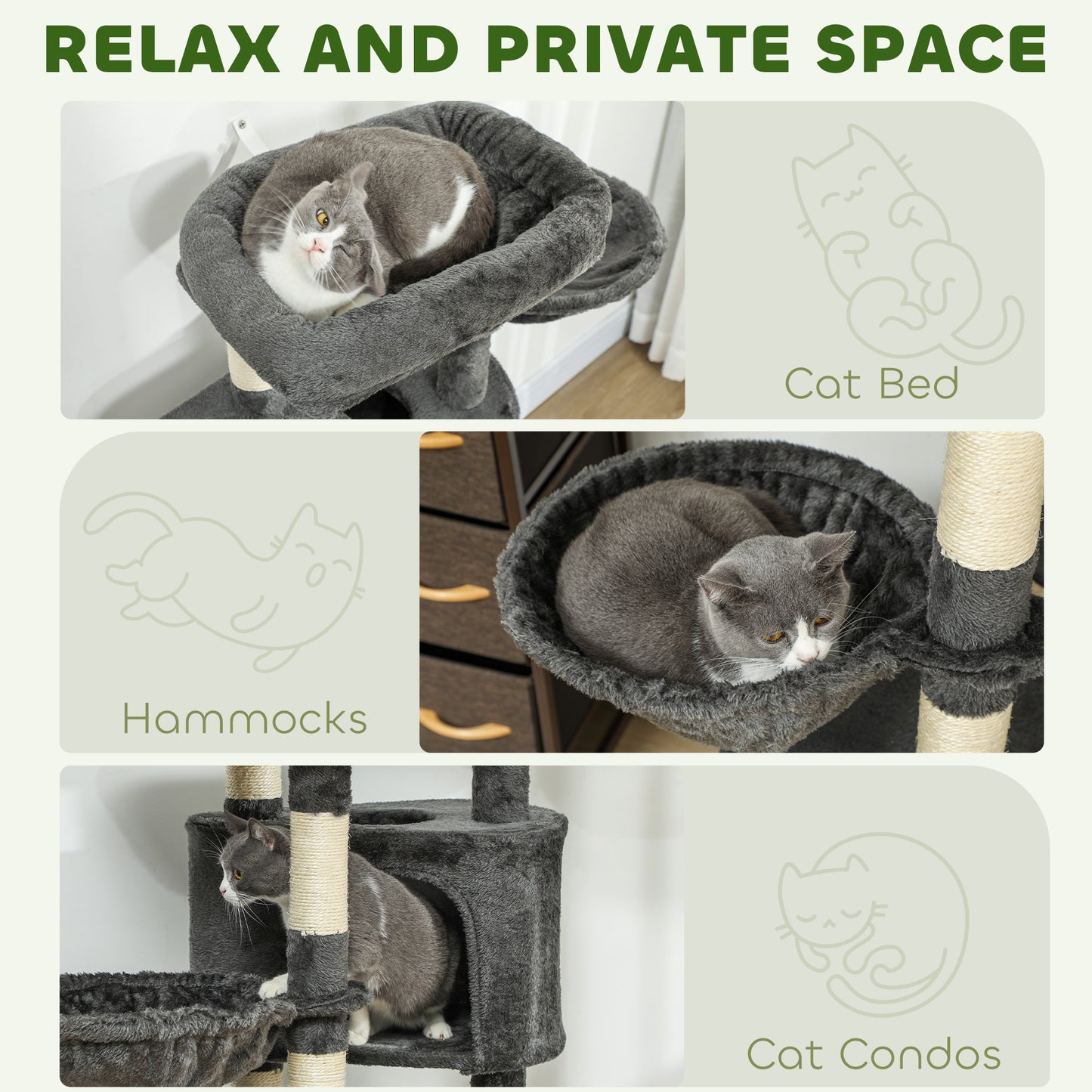 52.5" Cat Tree Tower with Scratching Posts, Cat Condos, Bed, Platforms, Hammocks, for Indoor Cats, Dark Grey