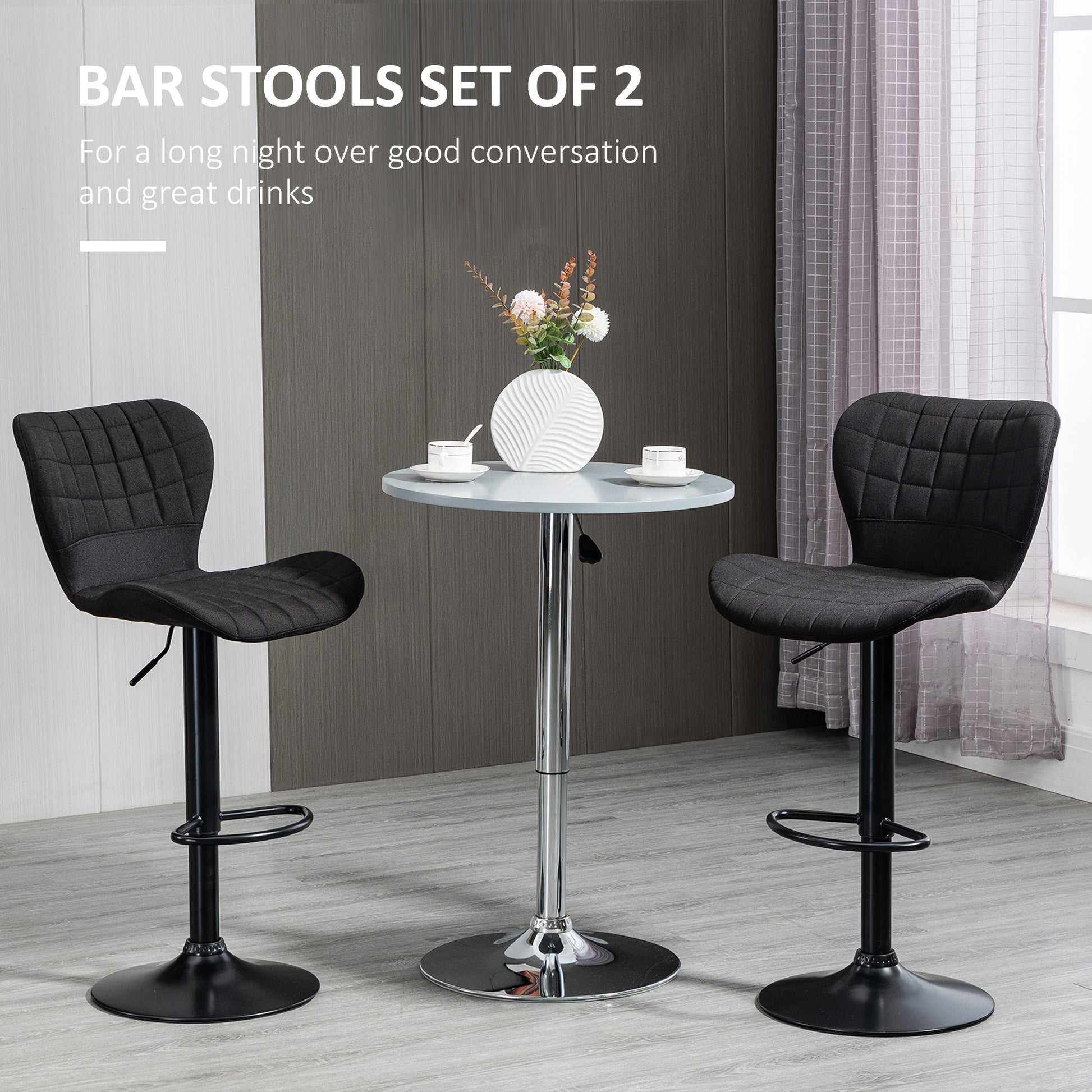 Bar Stools Set of 2, Adjustable Height Swivel Bar Chairs, Linen-feel Fabric Upholstered Kitchen Counter Stools with Wide