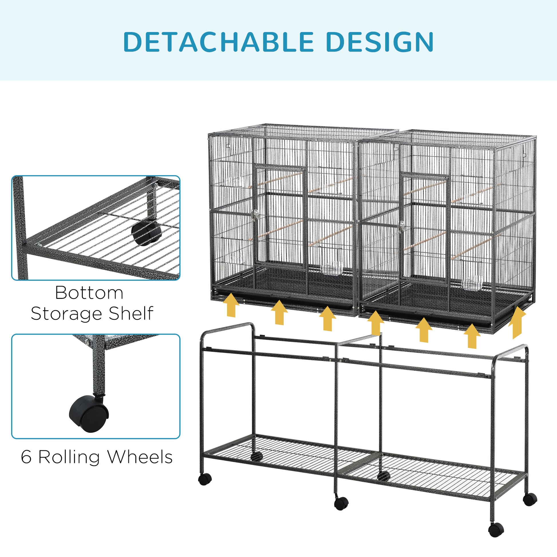 64" Extra Large Bird Cage, Rolling Metal Parrot Cage, Bird House with Detachable Rolling Stand, Storage Shelf, Wood Perc