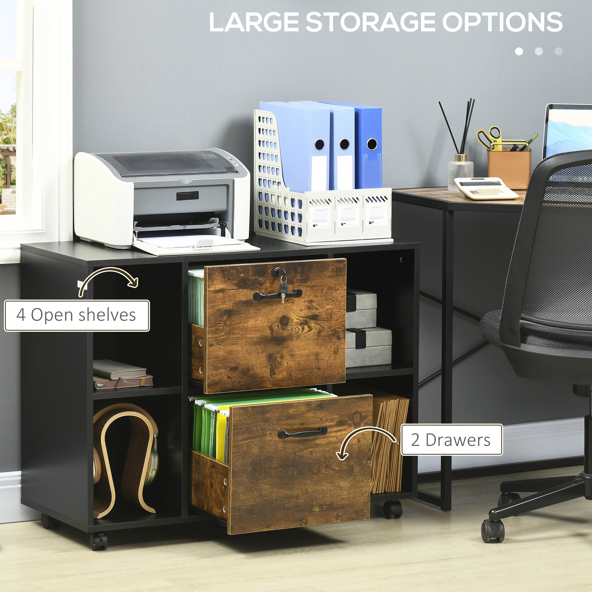 Lateral Filing Cabinet with Wheels and Lockable Drawer, File Cabinet, Mobile Printer Stand with Open Shelves for Letter 