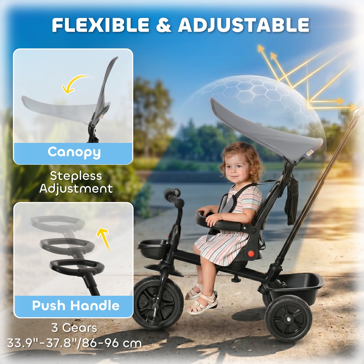 Qaba Tricycle for Toddler 5 in 1 Kids Trike, Converts Stroller to Toddler Bike, Adjustable Backrest & Flat Canopy, Detac