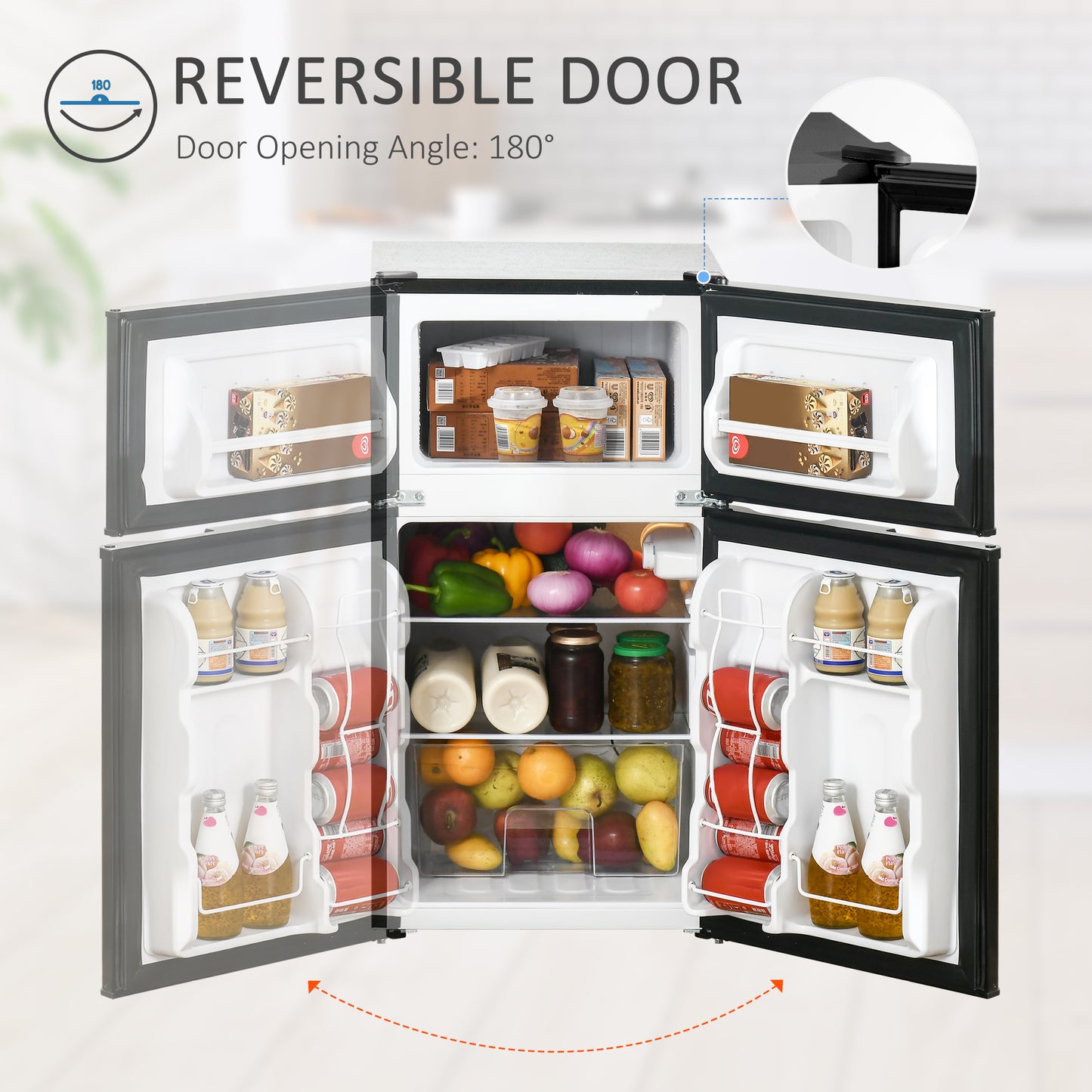 3.2 Cu Ft Compact Refrigerator, Mini Fridge with Freezer, Adjustable Shelves and Reversible Doors for Bedroom, Black