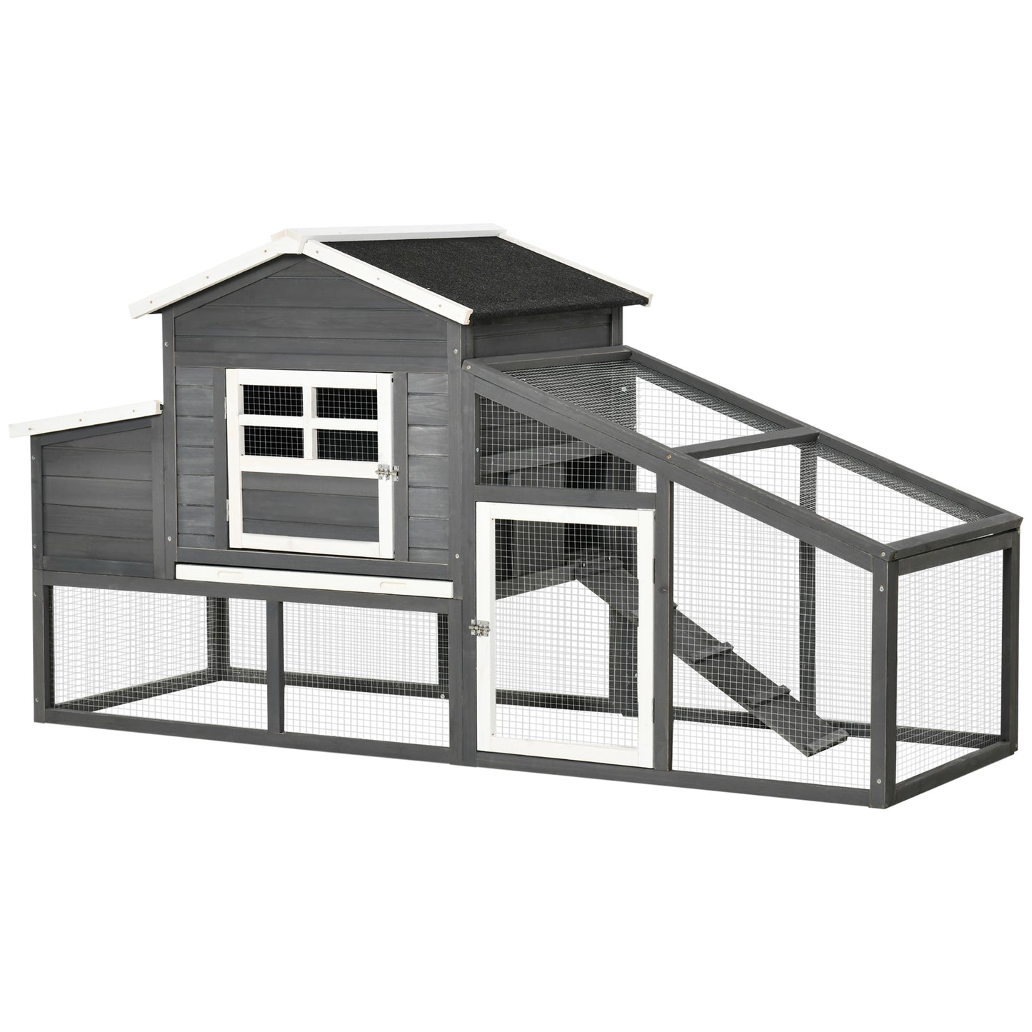 79" Wooden Chicken Coop, Outdoor Hen House, Poultry Habitat with Removable Tray, Nesting Box, Run, Ramp, Grey