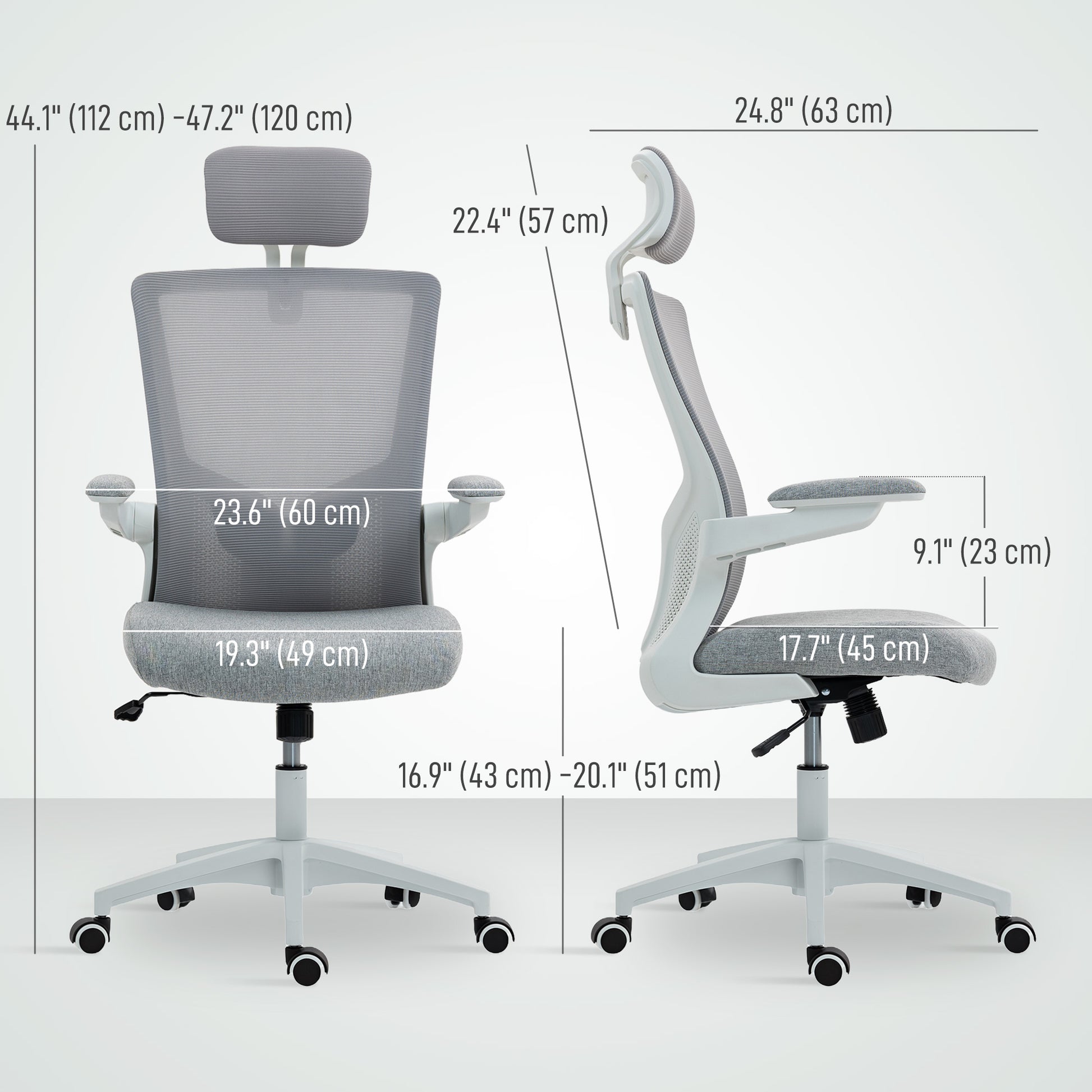 Ergonomic Office Chair, Swivel Desk Chair with Adjustable Lumbar Support, Headrest and Height, Flip-up Armrests, Grey
