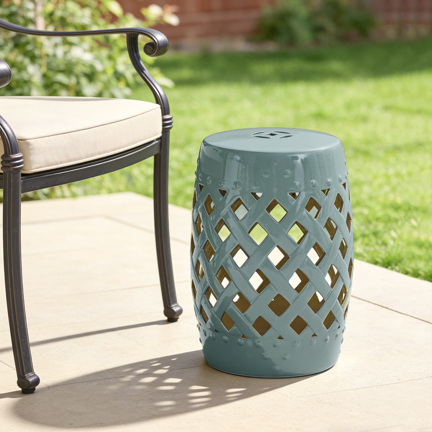 12.4" x 17.9" Ceramic Garden Stool with Woven Lattice Design, Indoor & Outdoor Decorative Accent Stool, Blue