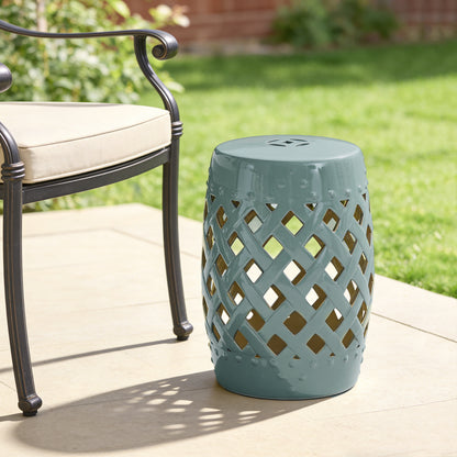 12.4" x 17.9" Ceramic Garden Stool with Woven Lattice Design, Indoor & Outdoor Decorative Accent Stool, Blue