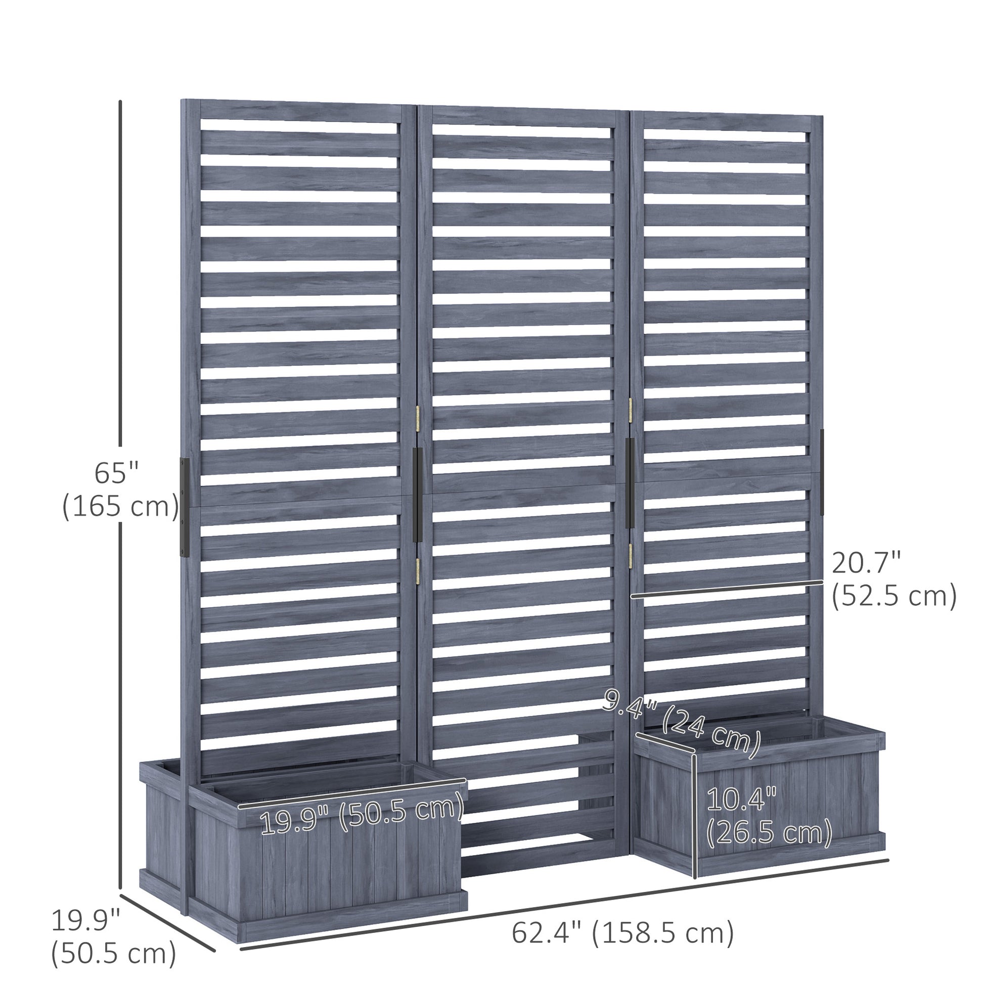 Outdoor Privacy Screen Wood Privacy Panel with 4 Planter Boxes, Raised Bed with 3 Panels, Drainage Holes, Grey
