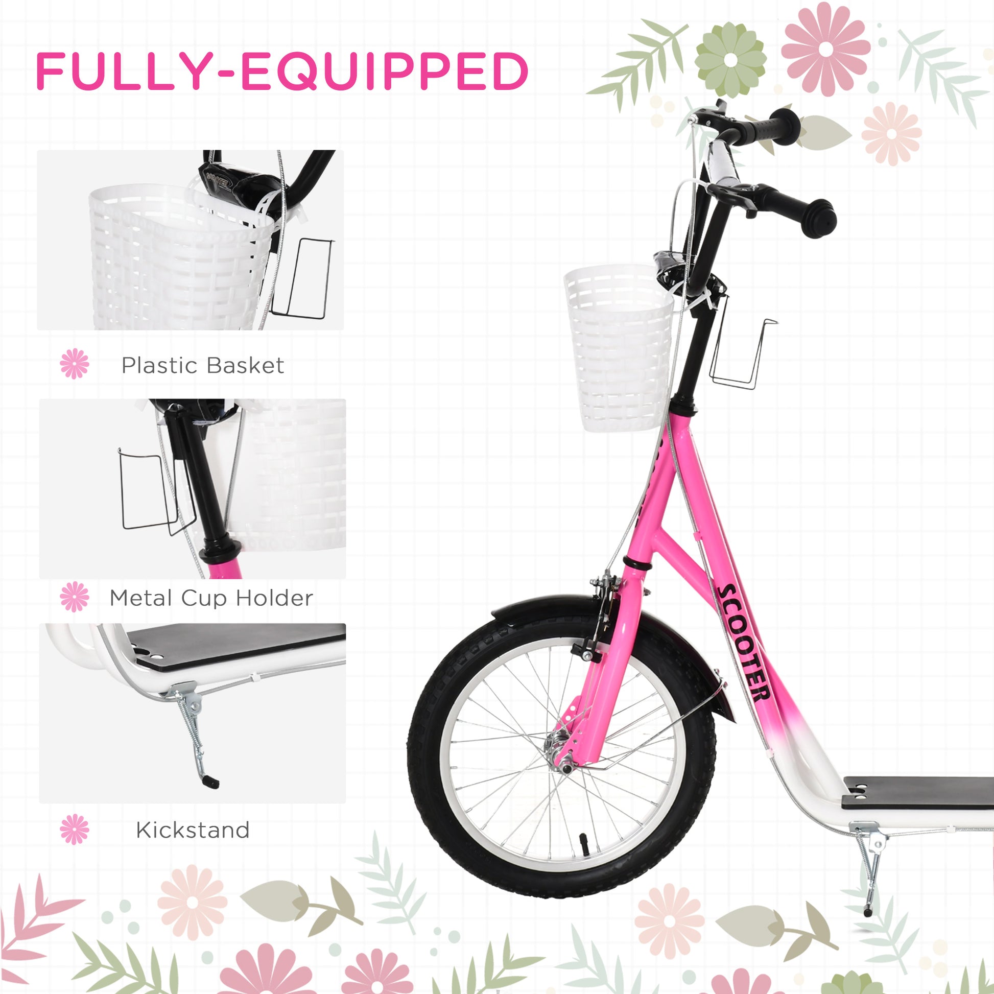 VarietyKart Kick Scooter with Adjustable Handlebar, Kids Scooter with 2 Brakes Basket Cupholder 16" Inflatable Rubber Ty