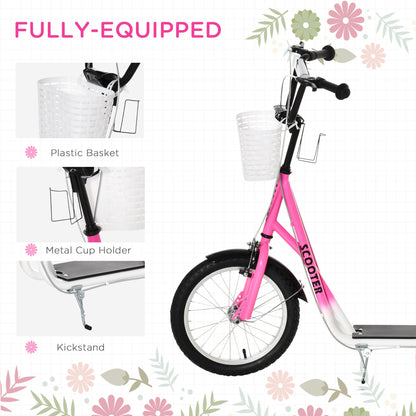 VarietyKart Kick Scooter with Adjustable Handlebar, Kids Scooter with 2 Brakes Basket Cupholder 16" Inflatable Rubber Ty