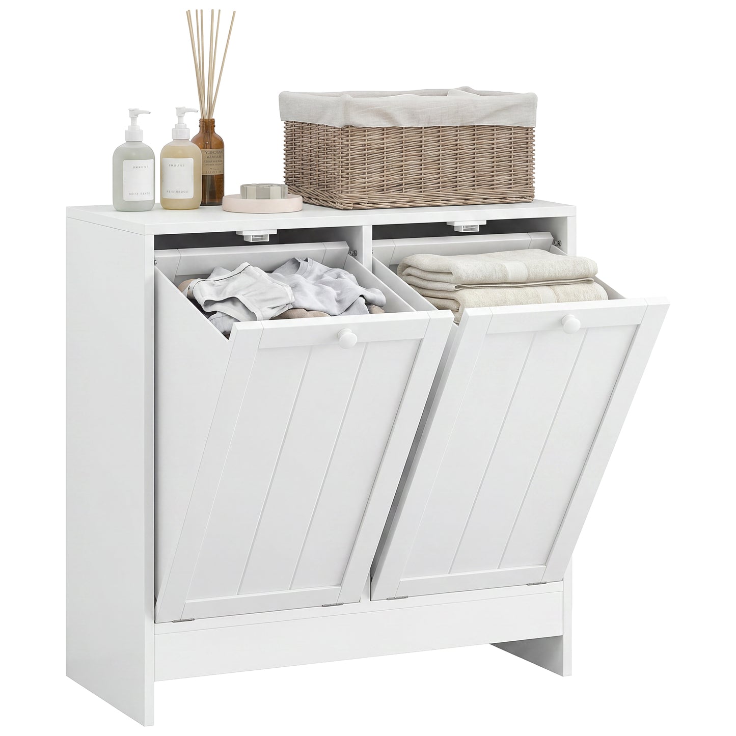 Tilt-Out Laundry Storage Cabinet, Modern Laundry Hamper with 2 Compartments for Bathroom Washroom, White
