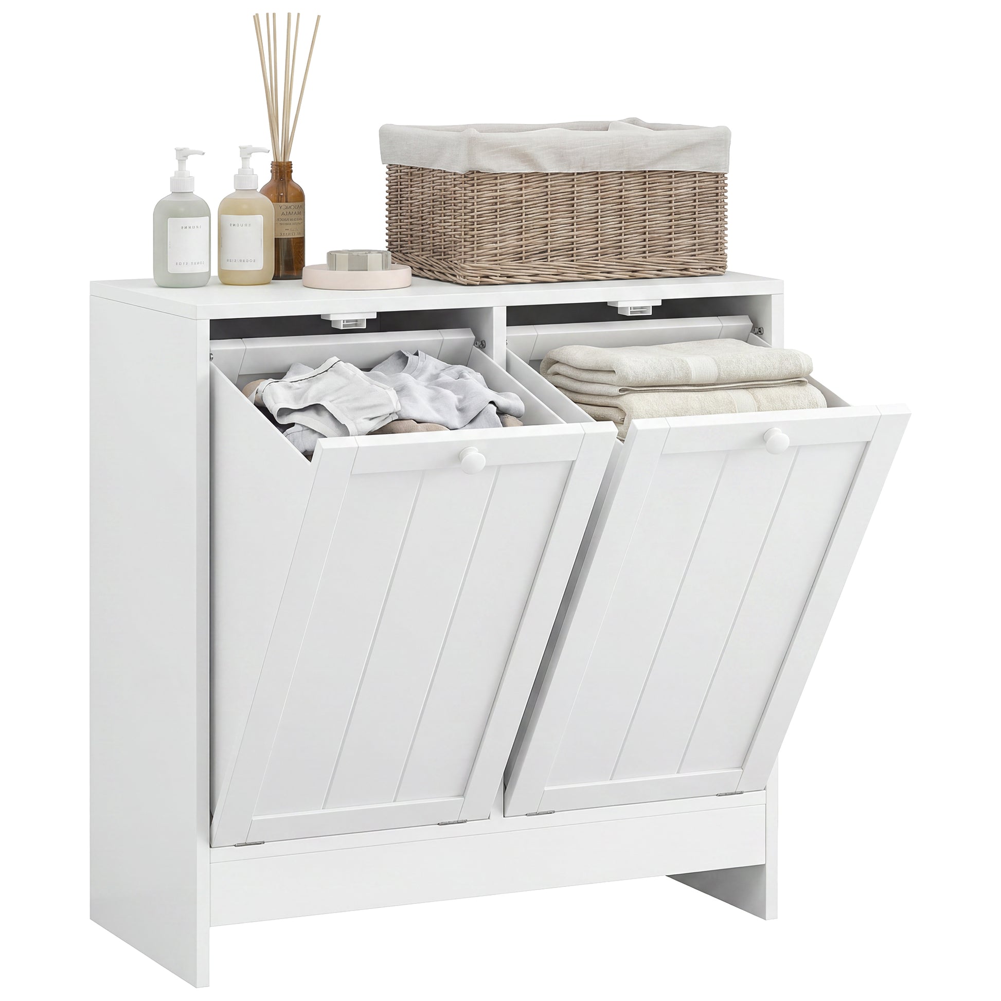 Tilt-Out Laundry Storage Cabinet, Modern Laundry Hamper with 2 Compartments for Bathroom Washroom, White