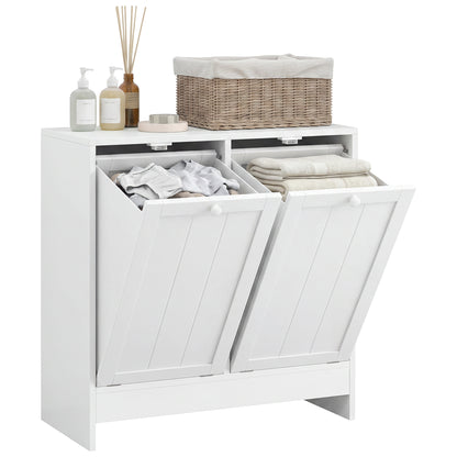 Tilt-Out Laundry Storage Cabinet, Modern Laundry Hamper with 2 Compartments for Bathroom Washroom, White