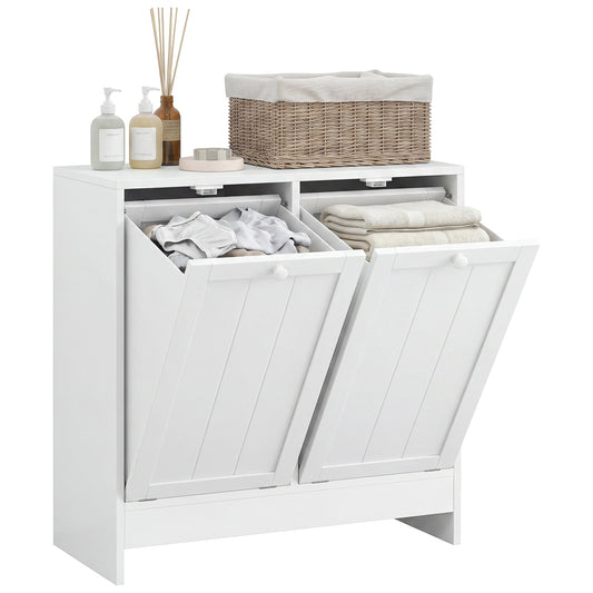 Tilt-Out Laundry Storage Cabinet, Modern Laundry Hamper with 2 Compartments for Bathroom Washroom, White