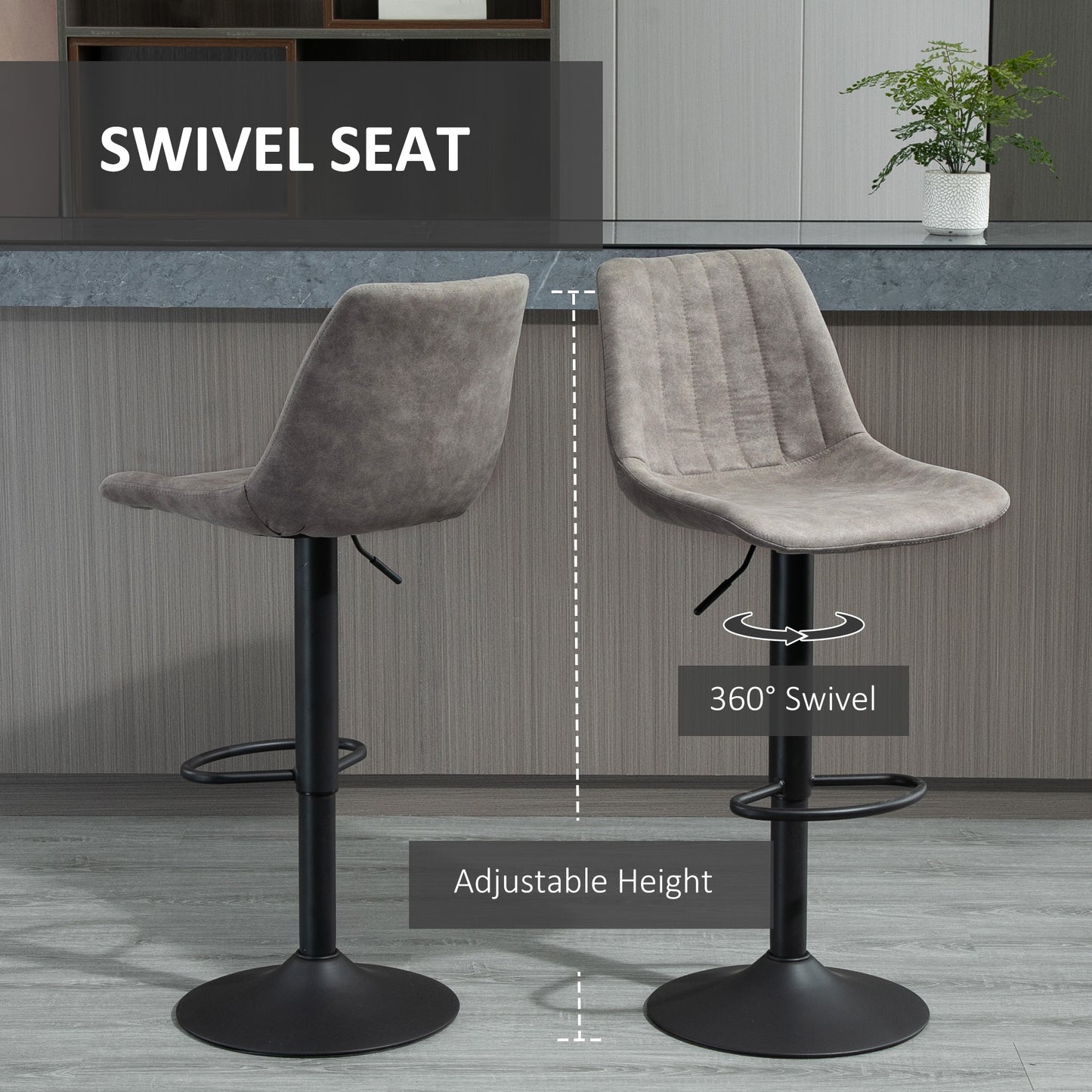 Adjustable Bar Stools Set of 2, Leathaire Swivel Barstools with Back and Footrest, Upholstered Bar Chairs for Kitchen, D