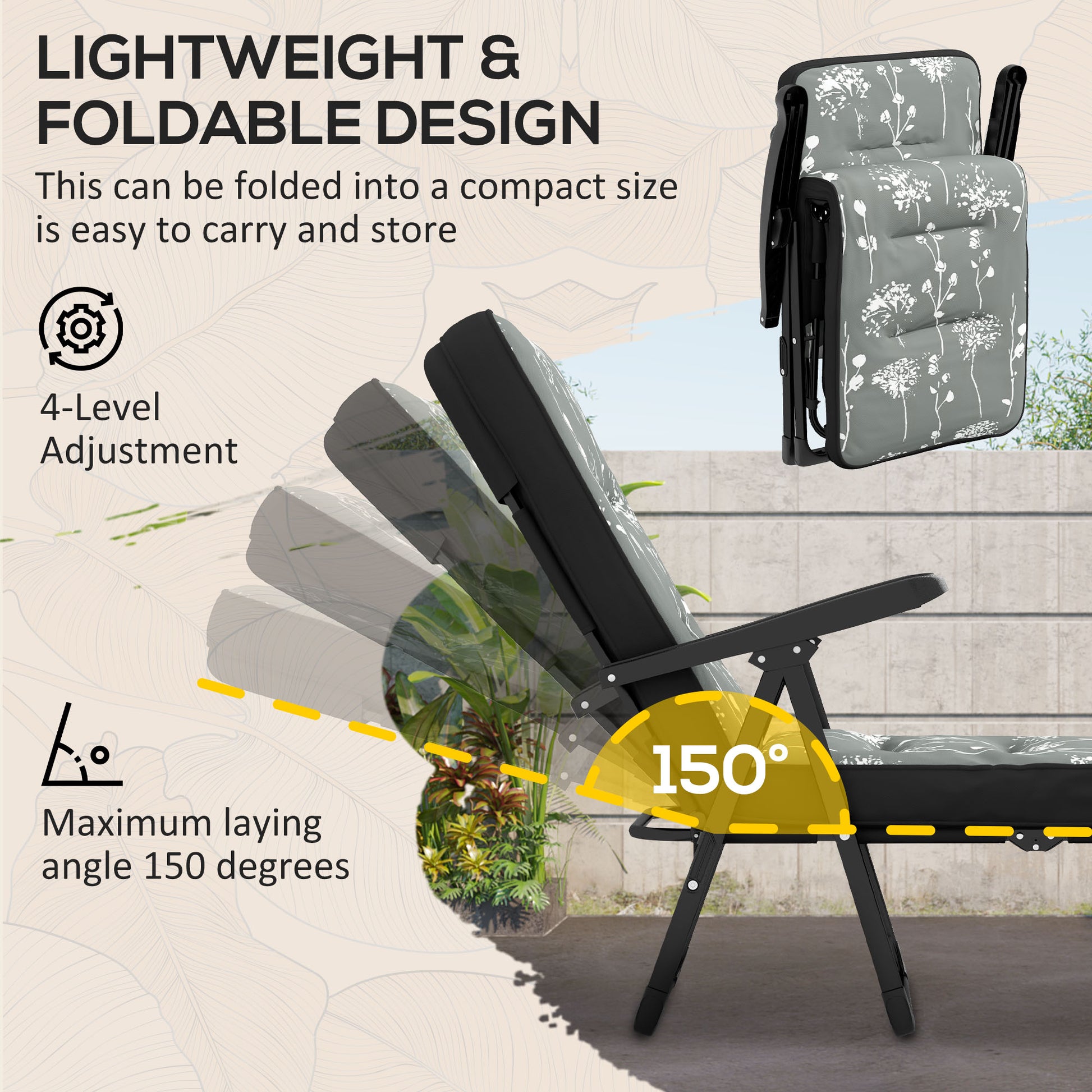 Outdoor Lounge Chair with Padded Cushion, Folding Reclining Patio Garden Chair with Recline Back, Footrest, for Poolside