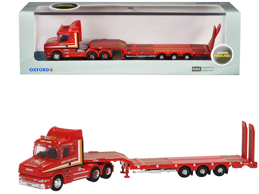 Scania T-Cab Truck RHD (Right Hand Drive) with Lowboy Trailer "Sandy Kydd" Red with Stripes 1/148 (N) Scale Diecast Model Car by Oxford Diecast