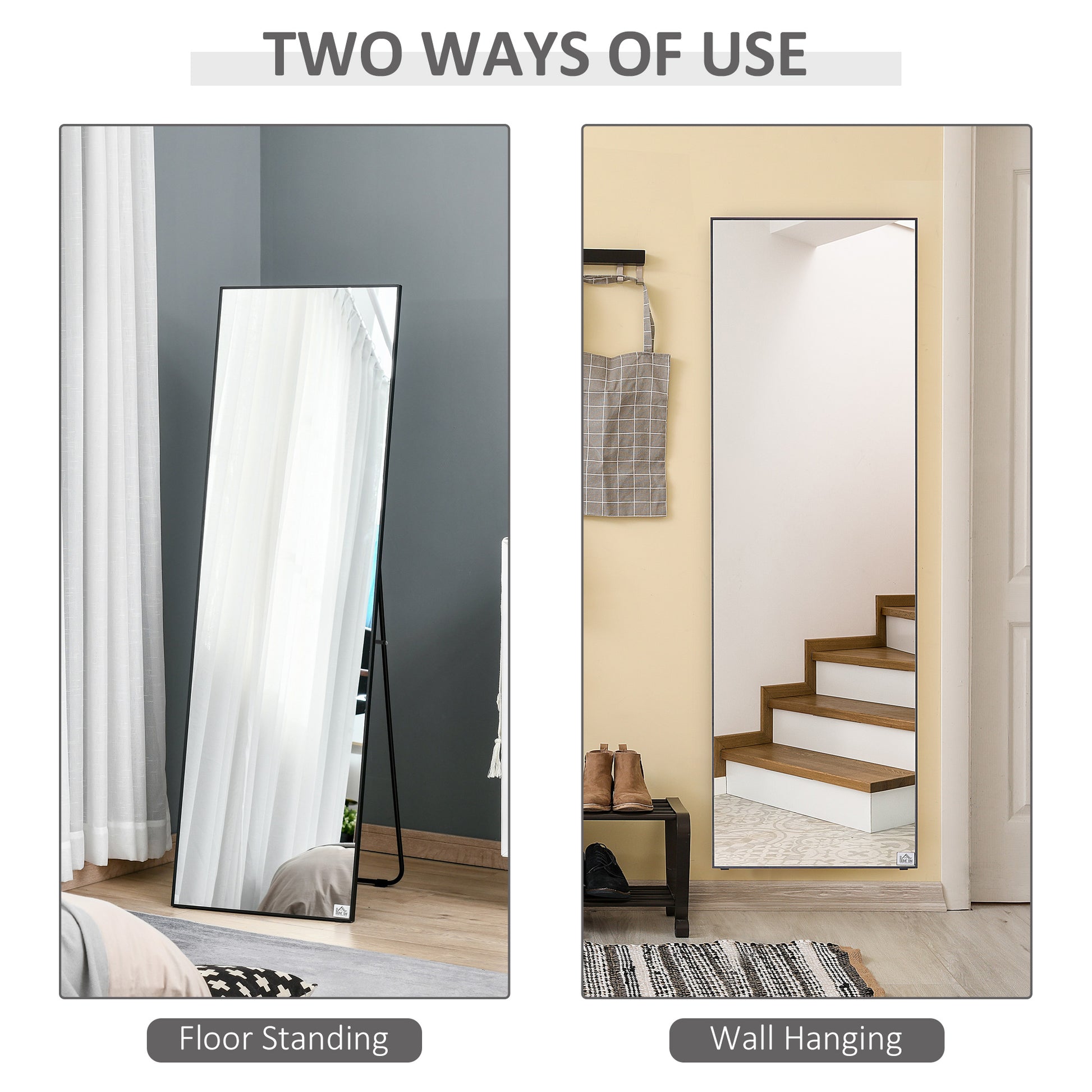 64"x20" Full Length Mirror, Floor Standing, Wall-Mounted or Leaning Against Wall Tall Mirror w/Support Frame, Rectangula