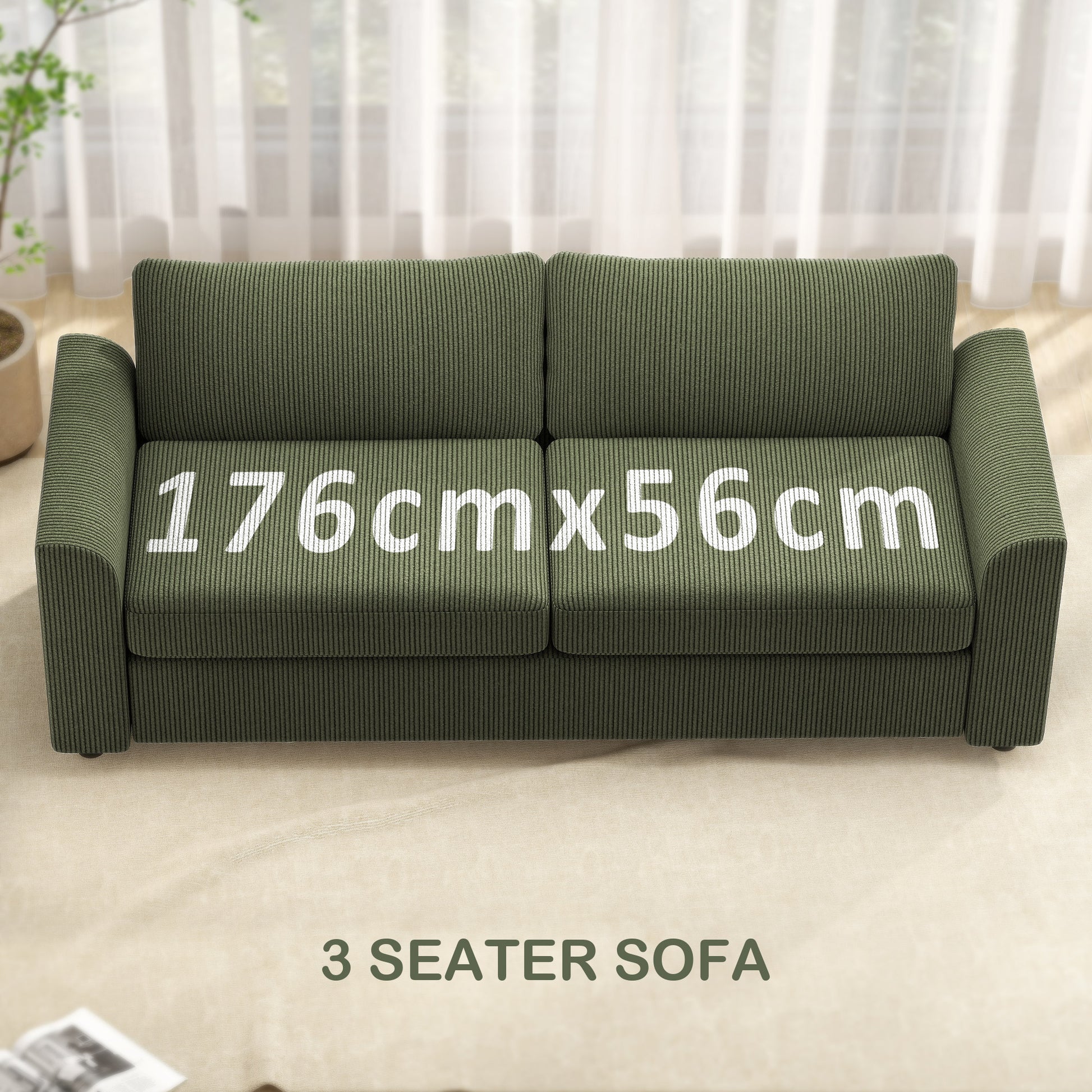 3 Seater Sofa, 83.5" Modern Upholstered Couch with Pocket Spring and 2 Scatter Cushions for Living Room, Green