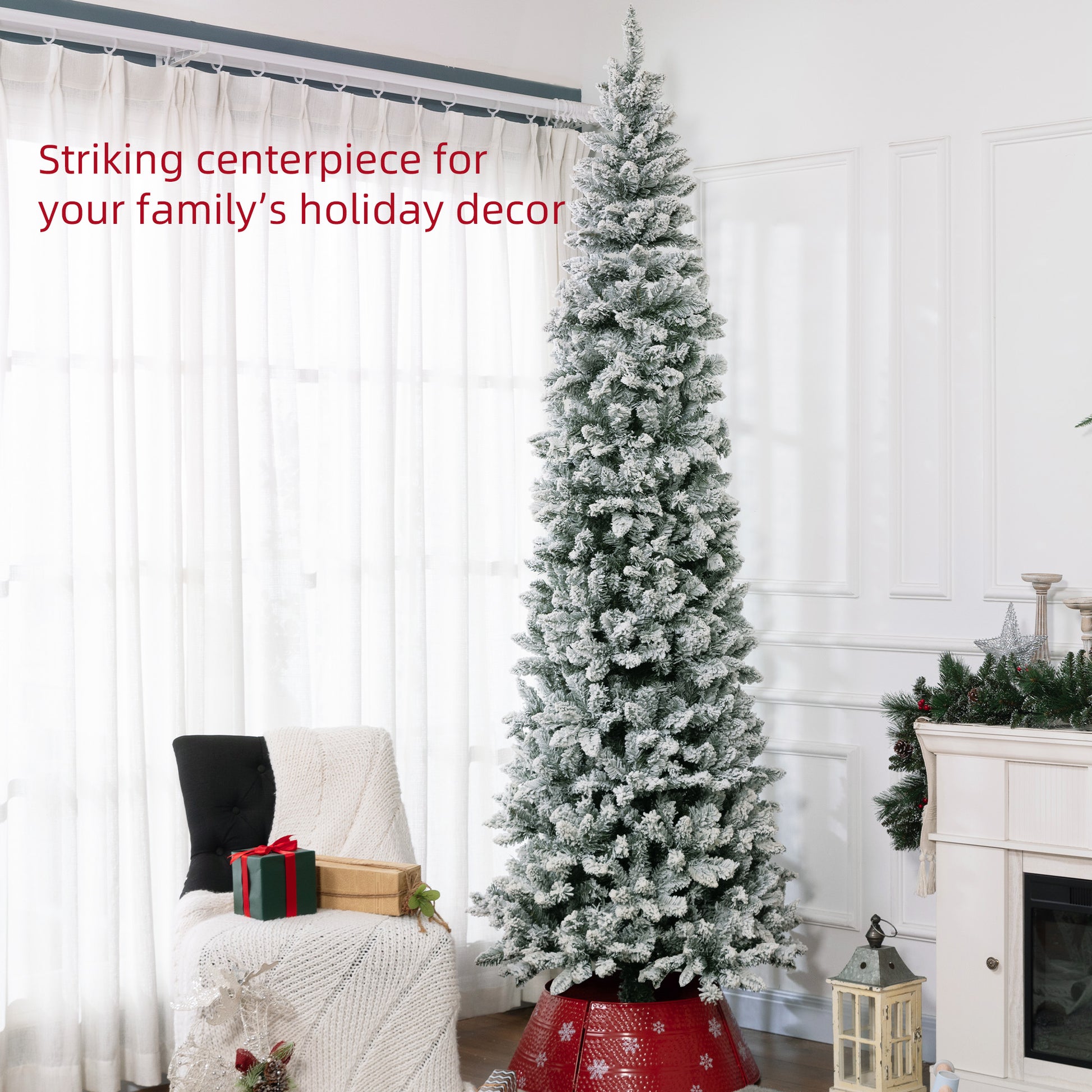 9ft Pencil Christmas Tree, Flocked Tree with 1277 Branch Tips and Metal Base for Home, Indoor, Holiday