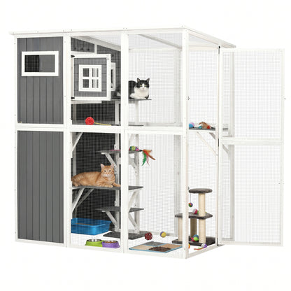 Wooden Cat Catio, 66.5"L Walk in Outdoor Cat House with PVC Weather Protection Roof, Multiple Platforms, Lockable Doors,