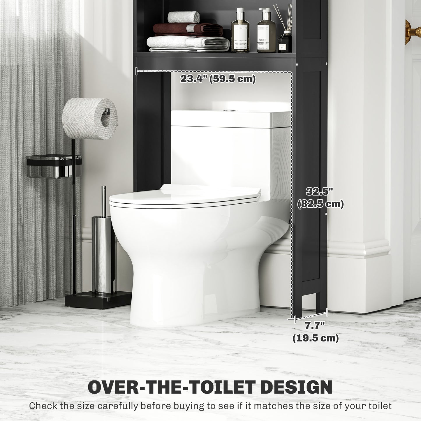 Modern Over The Toilet Storage, Bathroom Cabinets Over Toilet with Open Shelves and Double Door Cabinet, Black