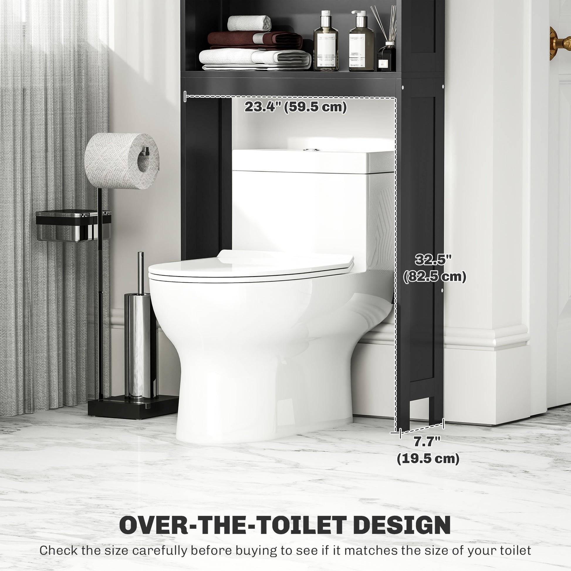 Modern Over The Toilet Storage, Bathroom Cabinets Over Toilet with Open Shelves and Double Door Cabinet, Black