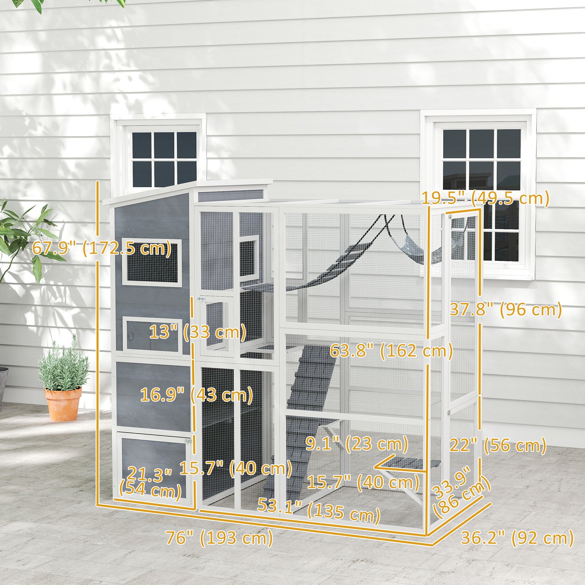 76" Catio Outdoor Cat Enclosure with Cat Condo, Jumping Platforms, Ladder, Ramps, Hammock for 2-3 Indoor Cats, Grey