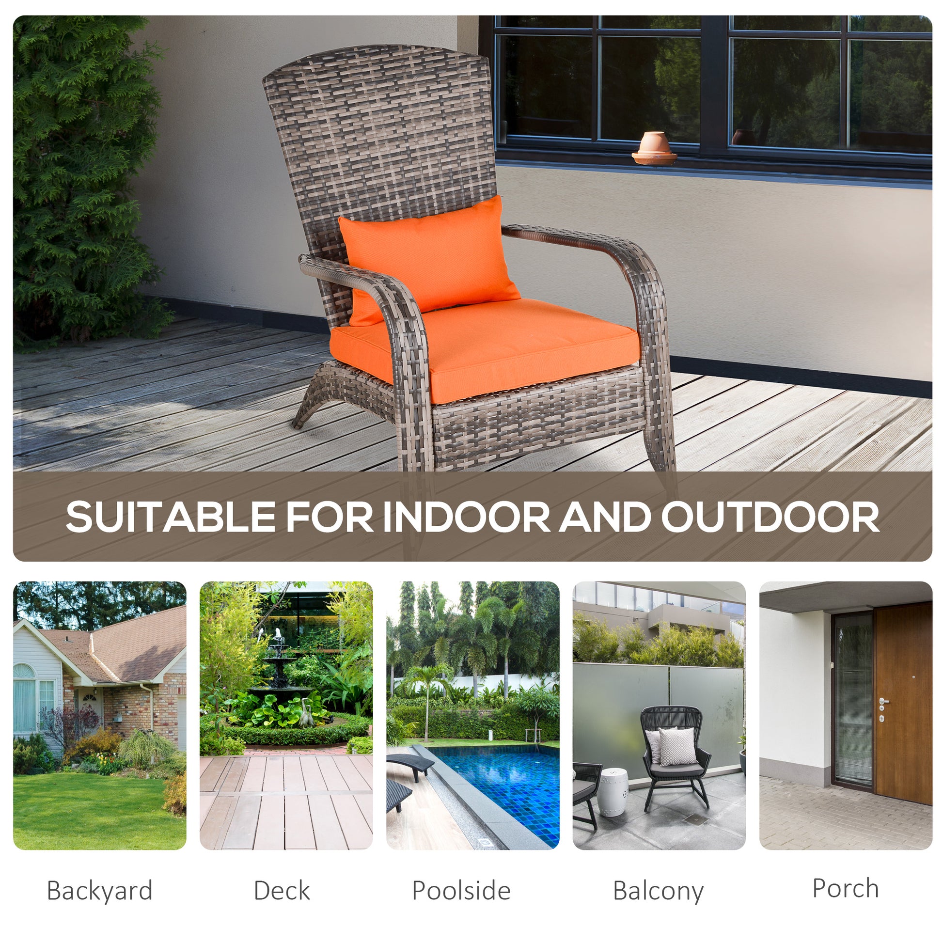 Patio Wicker Adirondack Chair, Outdoor PE Rattan Fire Pit Chair, Muskoka Chair w/ Soft Cushions, Tall Curved Backrest an
