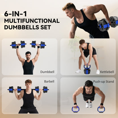Soozier 6-in-1 Adjustable Dumbbell Set, Used as Kettlebell, Barbell, Dumbbell, Push-Up Stand, 44lbs Free Weights Set, Bl