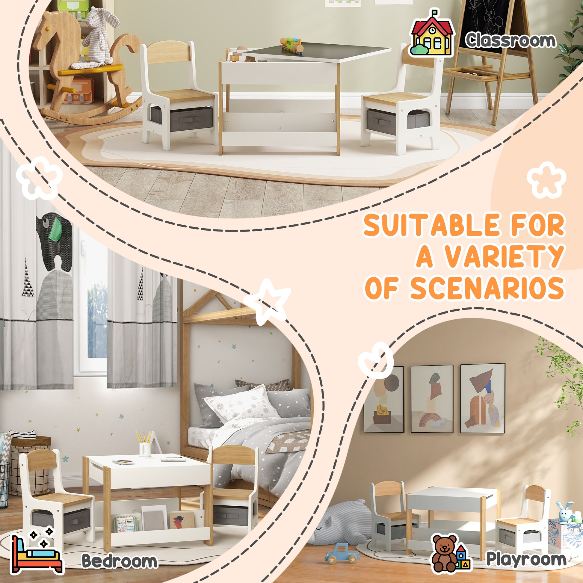 Qaba 3 Piece Kids Table and Chair Set with Reversible Tabletop, Blackboard, Storage, Bookshelf, for Playroom, Nursery Na