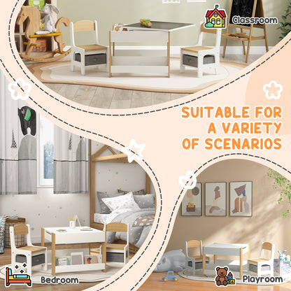 Qaba 3 Piece Kids Table and Chair Set with Reversible Tabletop, Blackboard, Storage, Bookshelf, for Playroom, Nursery Na
