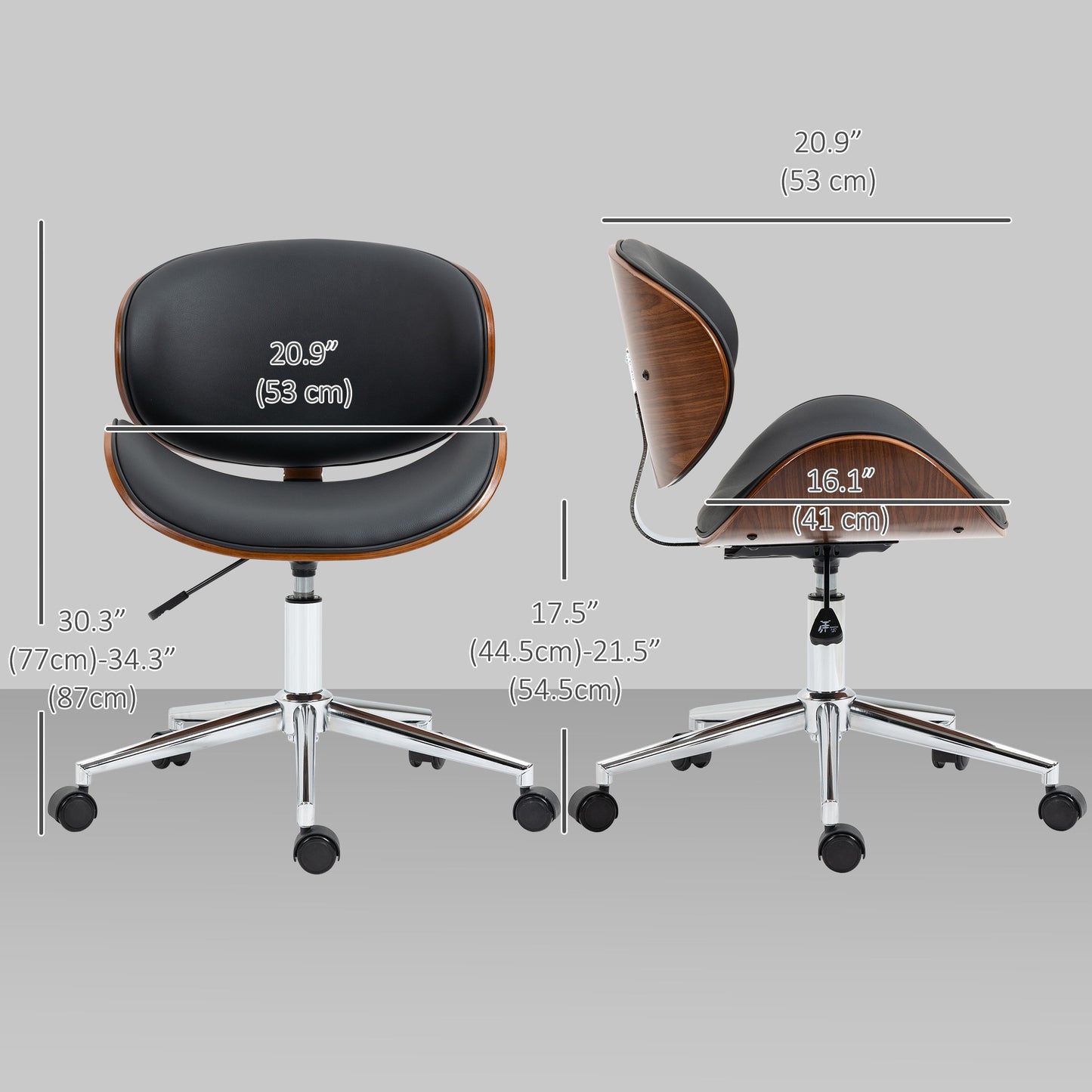 Office Chair, Faux Leather and Bentwood Computer Desk Chair with 360 Degree Swivel Wheels, Adjustable Height and Curved 