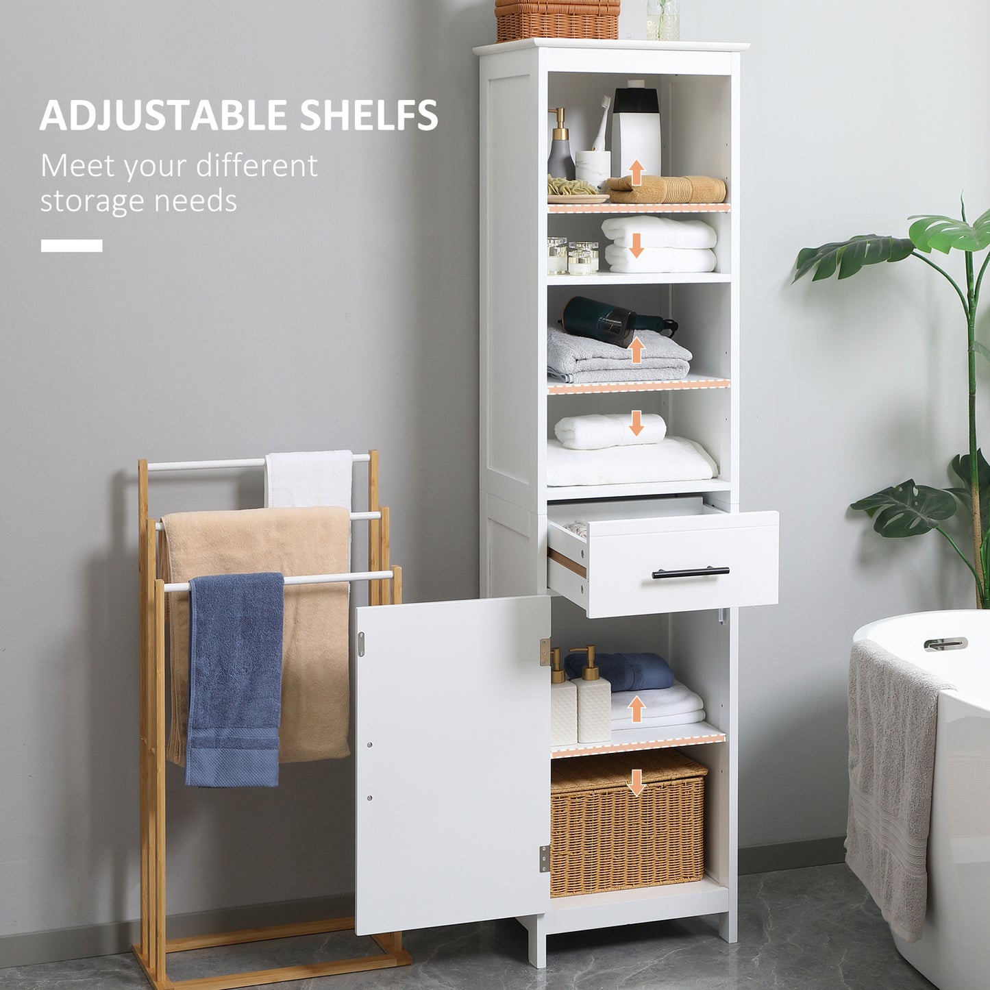 Tall Bathroom Storage Cabinet, Free Standing Bathroom Cabinet Slim Side Organizer w/ 3-Tier Open Shelf, Door, and Drawer