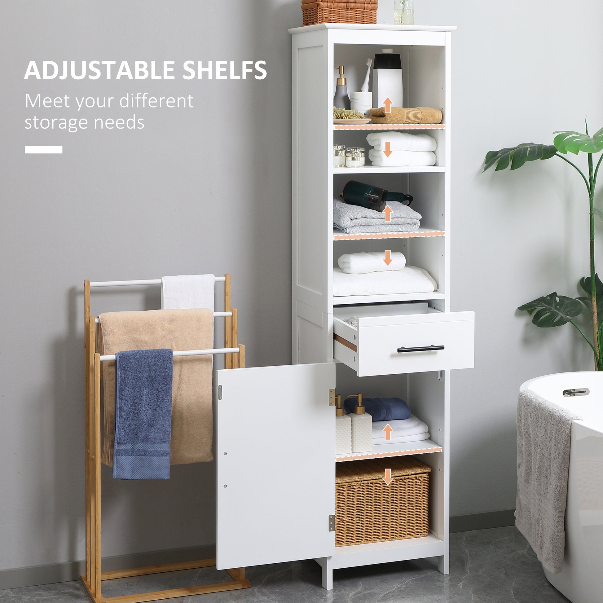 Tall Bathroom Storage Cabinet, Free Standing Bathroom Cabinet Slim Side Organizer w/ 3-Tier Open Shelf, Door, and Drawer