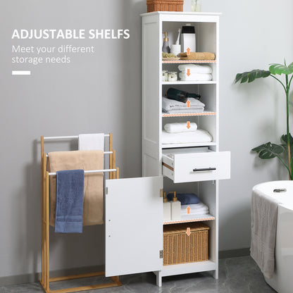 Tall Bathroom Storage Cabinet, Free Standing Bathroom Cabinet Slim Side Organizer w/ 3-Tier Open Shelf, Door, and Drawer
