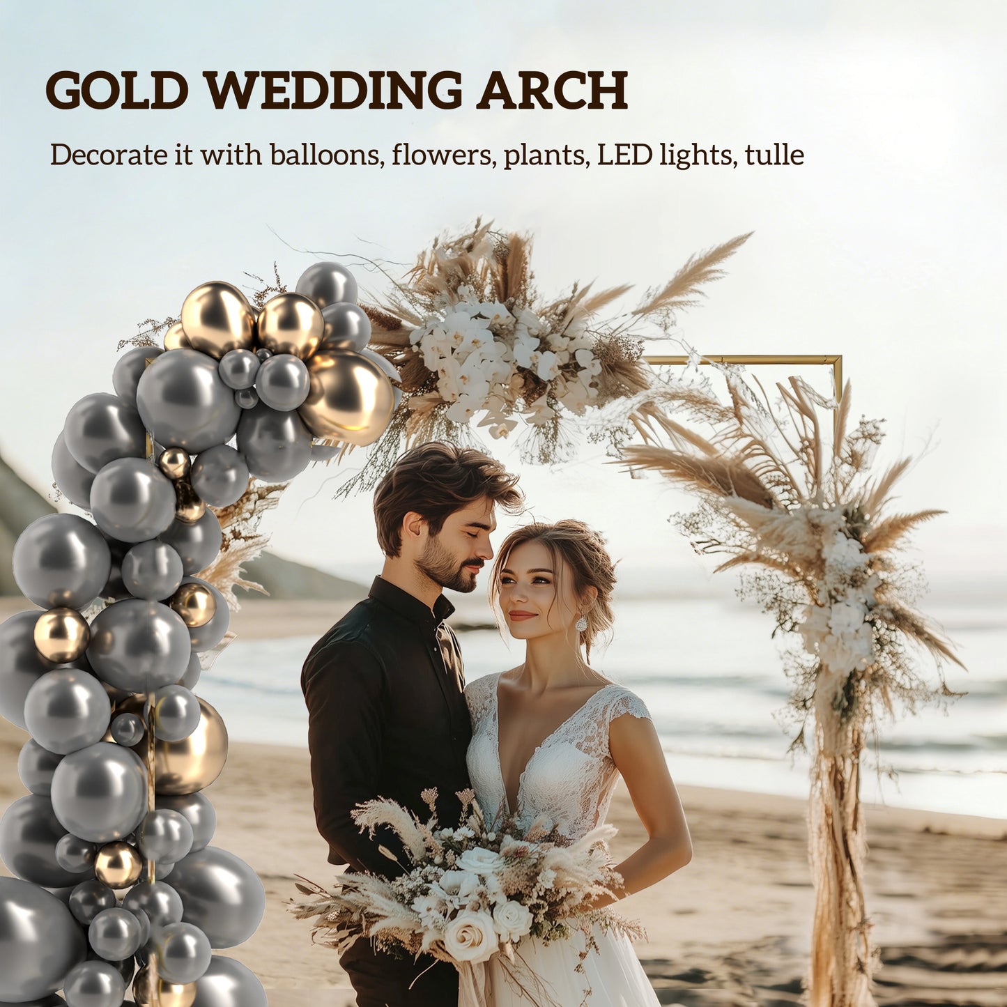 Wedding Arch Backdrop Stand, Square Wedding Arch with U-shaped Stakes, 6.6 FT Gold Metal Arch Frame
