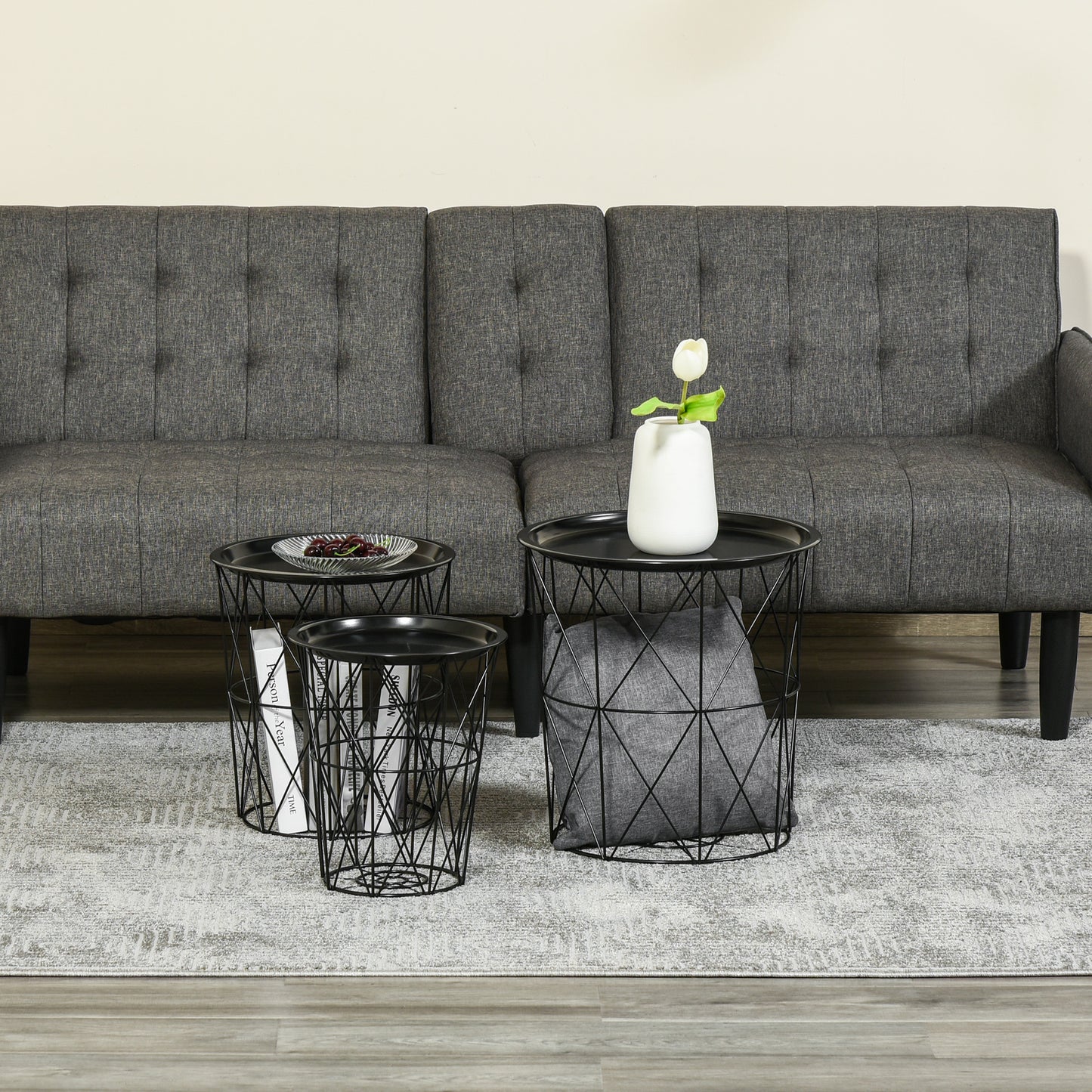 Set of 3 Nesting Coffee Tables with Storage, Round End Table with Removable Tray, Basket Side Tables with Metal Frame fo