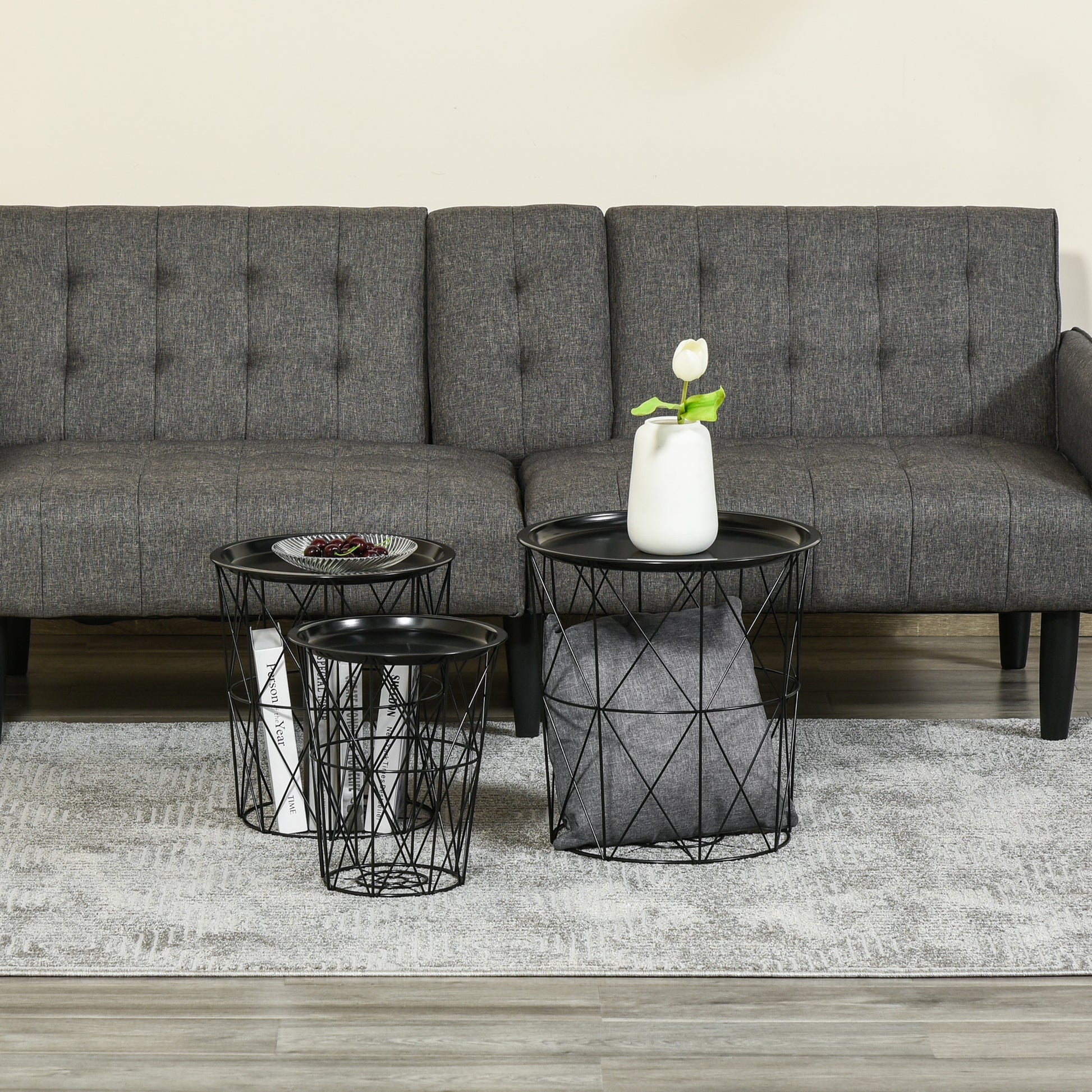 Set of 3 Nesting Coffee Tables with Storage, Round End Table with Removable Tray, Basket Side Tables with Metal Frame fo