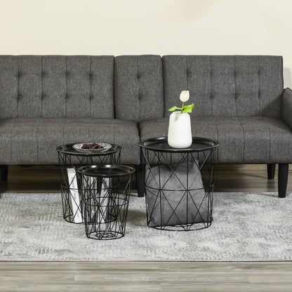 Set of 3 Nesting Coffee Tables with Storage, Round End Table with Removable Tray, Basket Side Tables with Metal Frame fo