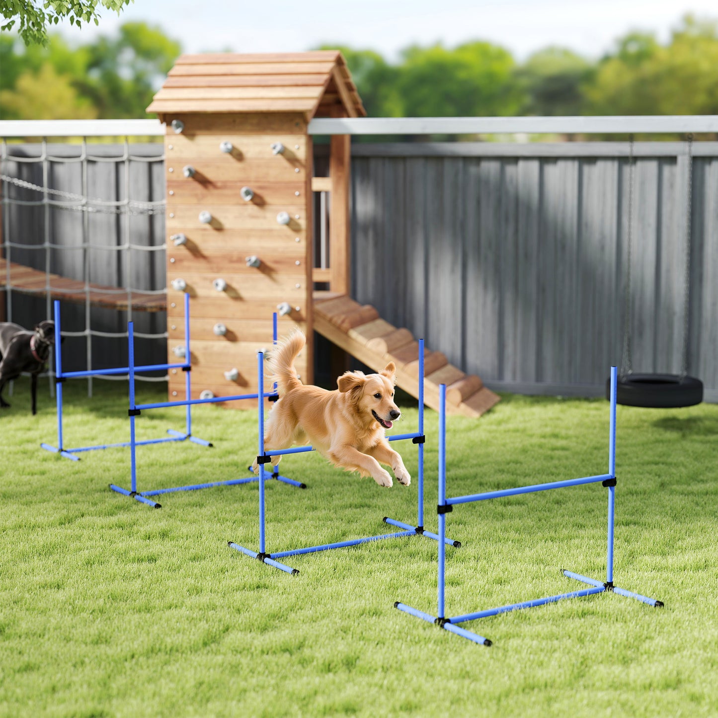 Set of 4 Dog Agility Training Equipment Adjustable Jump Bar Pet Exercise Kit with Carrying Bag (Blue)